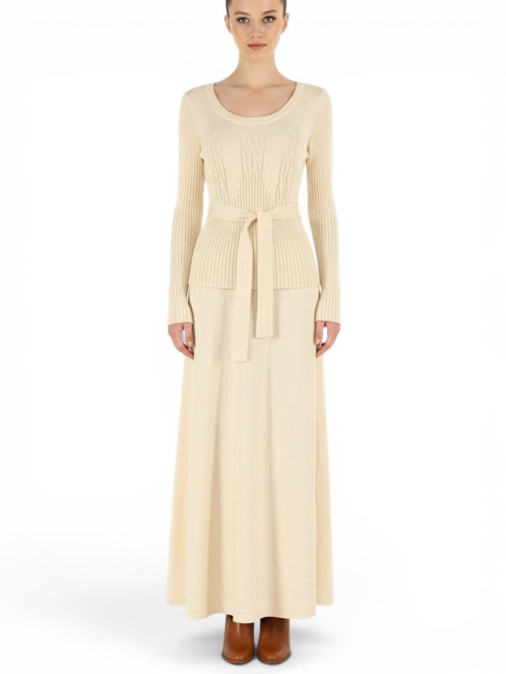 I. Magnin Vintage Long Ivory White Santana Knit Tie Belt Maxi Sweater Dress S M